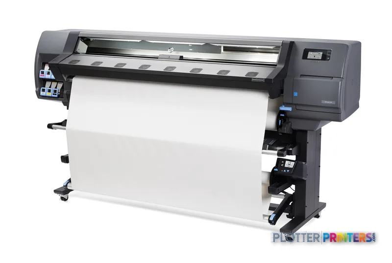 HP Latex 330 Printer product image showing large-format printer with white media loaded and ink cartridges visible