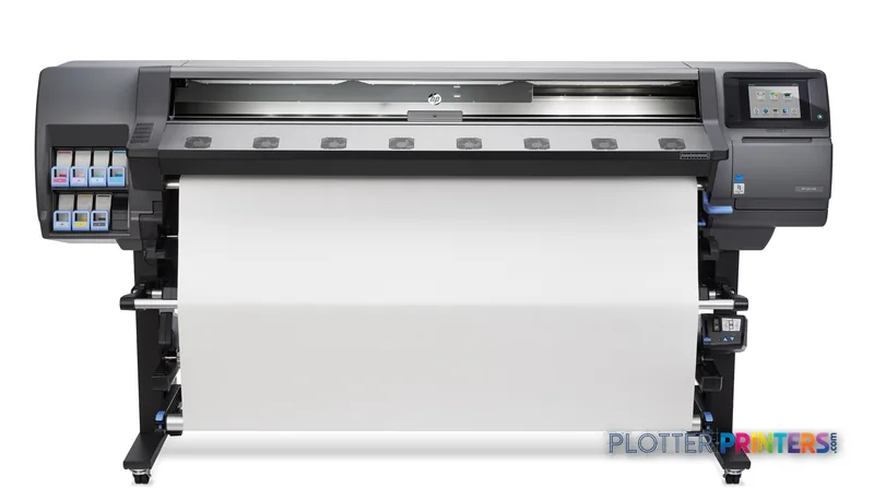 HP Latex 360 Printer product image showing front view with white media loaded and ink cartridges visible on left side