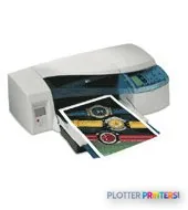 HP DesignJet 20ps Printer with open output tray showing colorful printed document