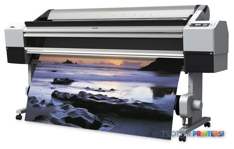 Epson Stylus Pro 11880 large-format printer product image showing the device printing a vibrant coastal landscape photograph
