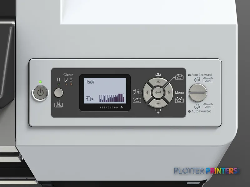 Epson Stylus Pro 11880 control panel showing LCD display, power button, and navigation controls