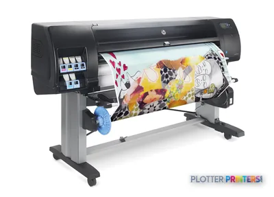 HP Designjet Z6600 large format printer product image showing the device with colorful printed fabric output