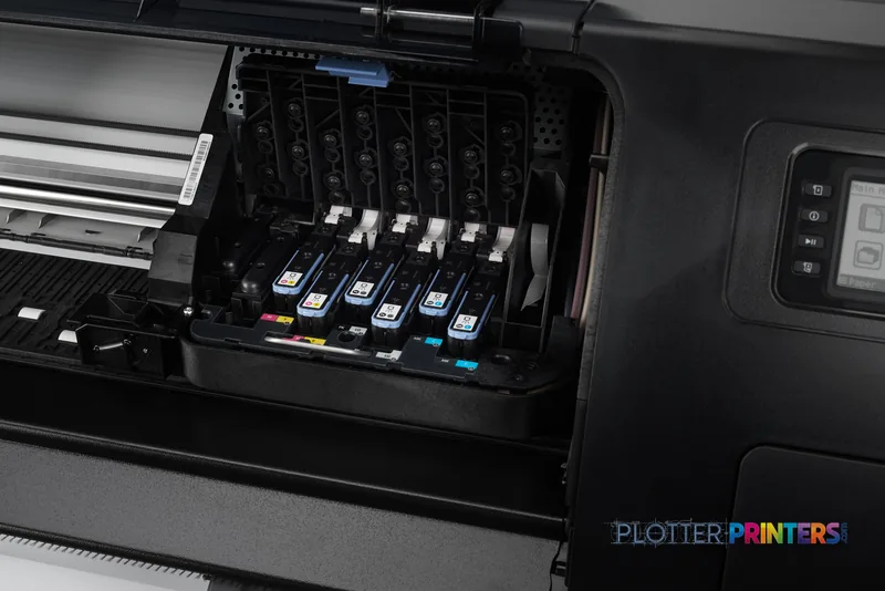 HP Designjet Z6600 lifestyle image showing open ink cartridge bay with multiple colored ink cartridges installed