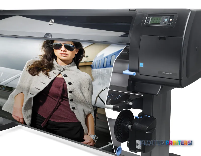 HP Designjet Z6600 large format printer lifestyle image showing a printed photo of a woman in sunglasses and beige jacket be…