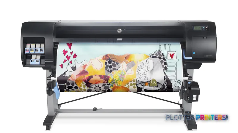 HP Designjet Z6600 large format printer product image showing the device with a colorful test print displayed