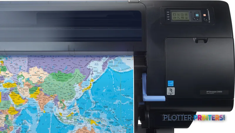 HP Designjet Z6800 large format printer lifestyle image showing a colorful world map being printed