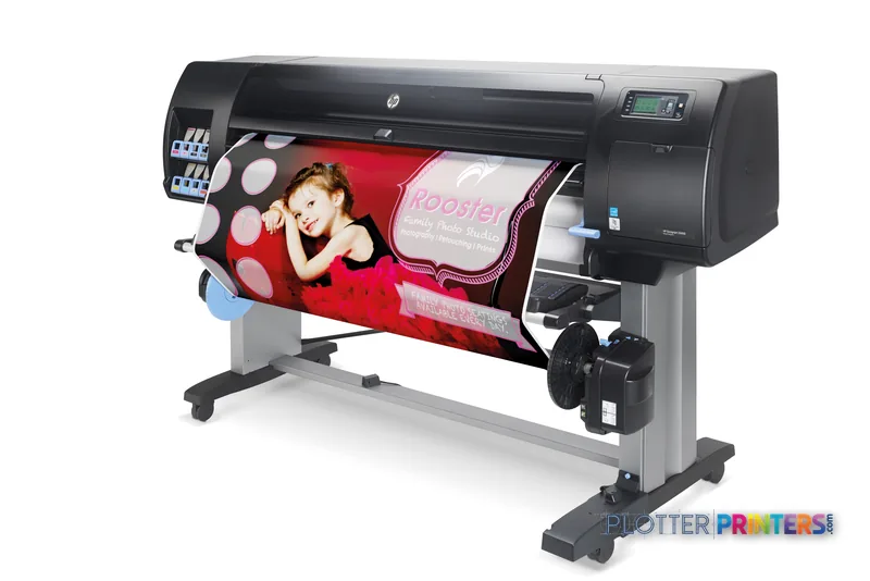 HP Designjet Z6800 large format printer product image showing black thermal inkjet printer with red poster output