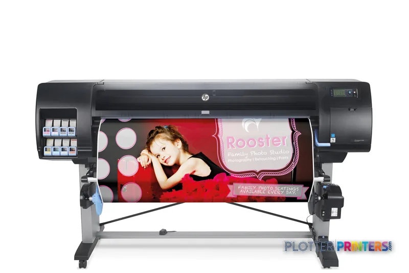 HP Designjet Z6800 large format printer product image showing black thermal inkjet printer with color sample output