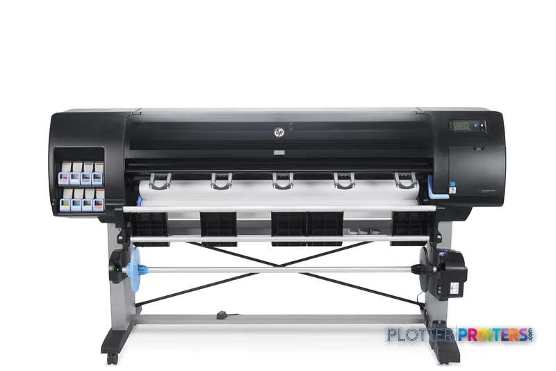HP Designjet Z6800 large format printer product image showing black thermal inkjet printer with ink cartridges and stand