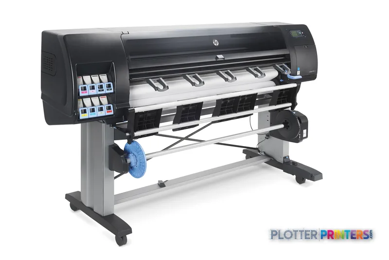 HP Designjet Z6800 large format printer product image showing black thermal inkjet printer on stand with white media loaded