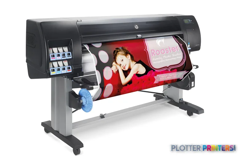 HP Designjet Z6800 large-format printer product image showing black thermal inkjet printer with colorful photo output