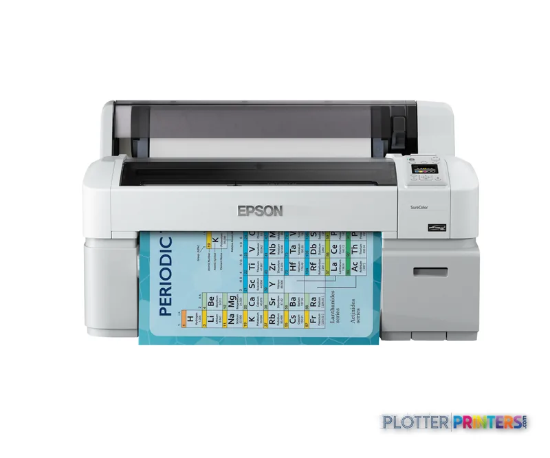 Epson SureColor SC-T3200N large-format printer product view with blue paper sample showing size chart