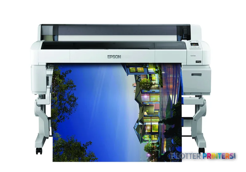 Epson SureColor SC-T7200 large-format printer front view with sample prints displayed