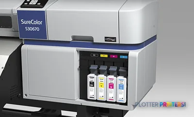 Epson SureColor S30670 large format printer product image showing white and black inkjet printer with four ink cartridges di…
