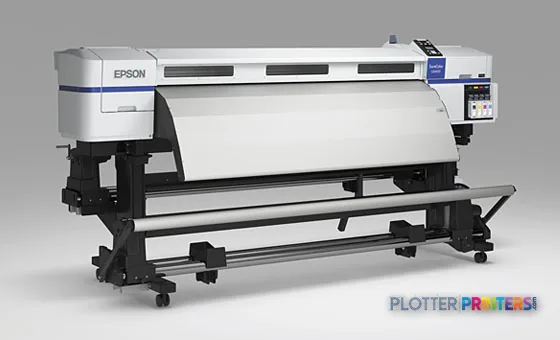 Epson SureColor S30670 large format inkjet printer with white and black body, shown from the front with roll media loaded