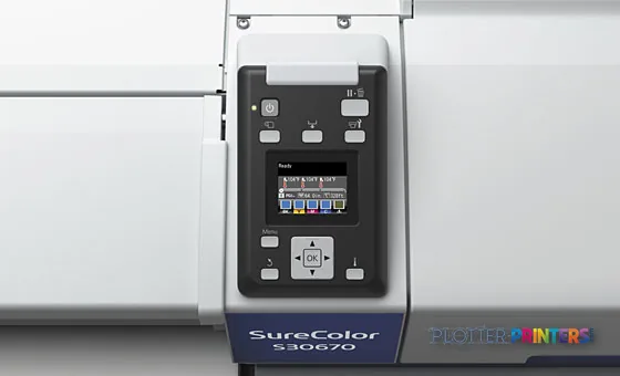 Epson SureColor S30670 product image showing the printer's control panel with black and white housing