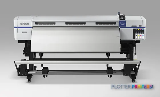 Epson SureColor S30670 large format printer front view showing white and black inkjet printer with roll feed system