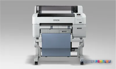 Epson SureColor T3270 large format printer front view, white inkjet printer with open paper tray