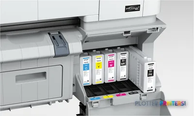 Epson SureColor T3270 product image showing open ink cartridge bay with colored ink bottles and slots