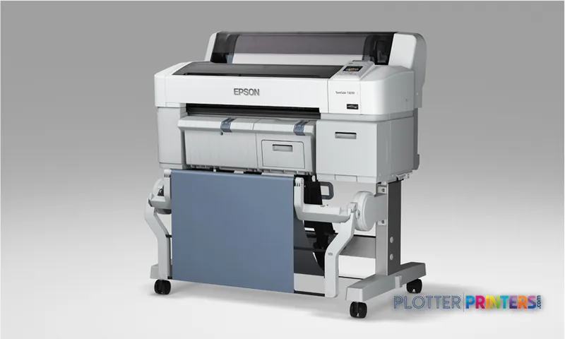 Epson SureColor T3270 large format printer product image showing white inkjet printer with blue catch tray