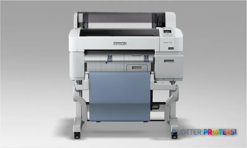 Epson SureColor T3270 large format printer front view, white inkjet printer with open paper tray