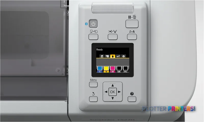 Epson SureColor T3270 product image showing white printer control panel with display screen and buttons