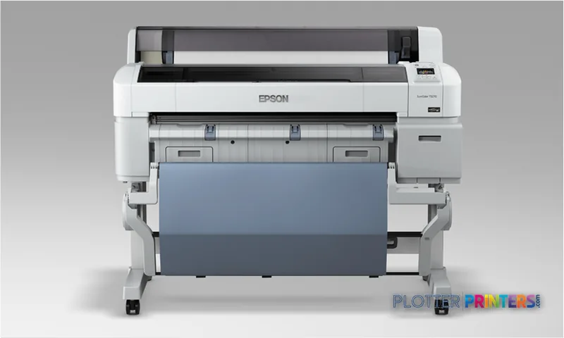 Epson SureColor T5270 large format printer product image, white inkjet printer with open paper feed tray