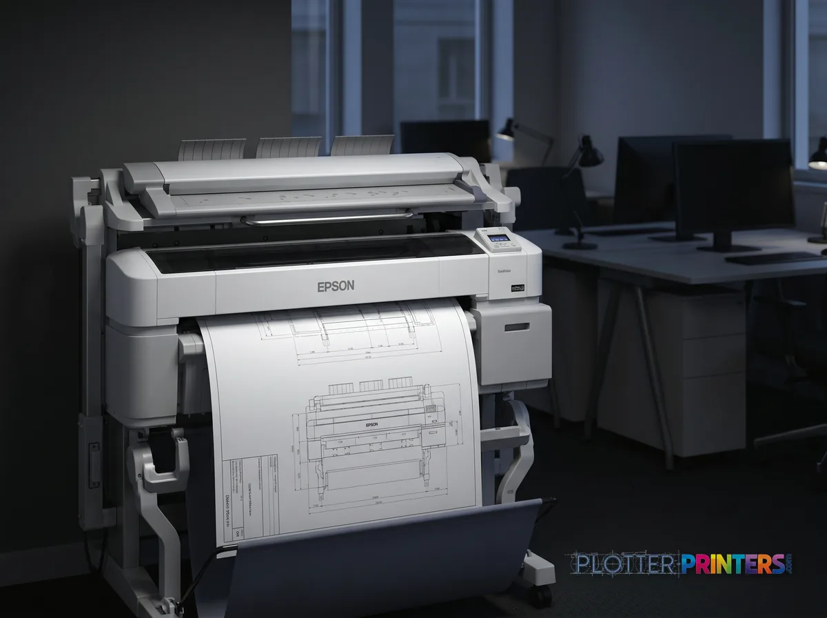 Epson SureColor T5270DR 36-in Dual-Roll Plotter in an engineering office with a technical drawing at its print slot (staged scene from manufacturer product photography)