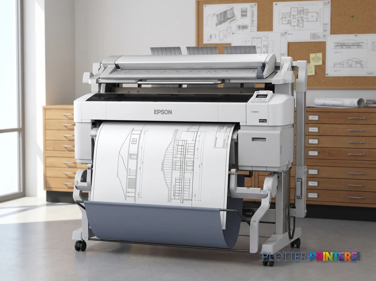 Epson SureColor T5270DR 36-in Dual-Roll Plotter in a plan room beside flat-file drawers, printing a CAD elevation (staged scene from manufacturer product photography)