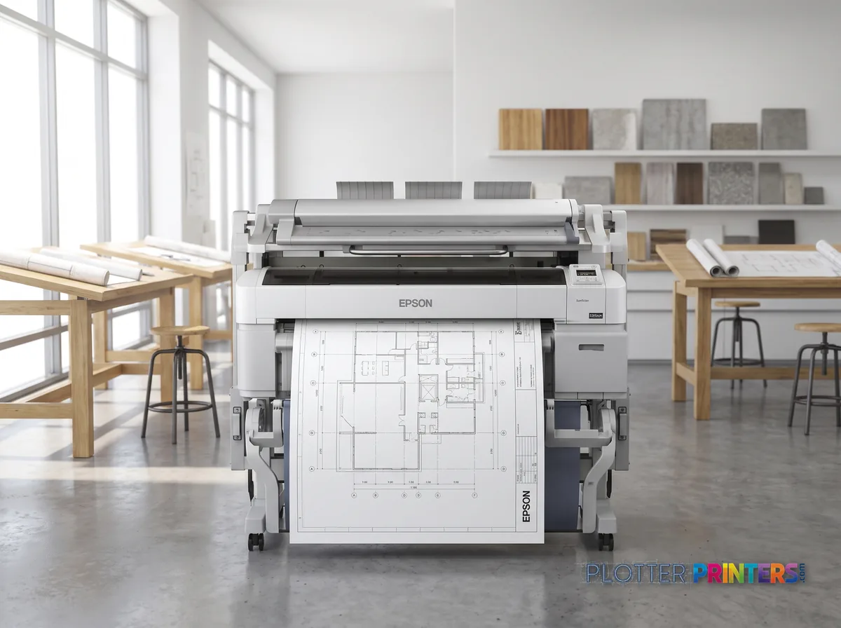 Epson SureColor T5270DR 36-in Dual-Roll Plotter in a bright architecture studio, printing a large floor plan (staged scene from manufacturer product photography)