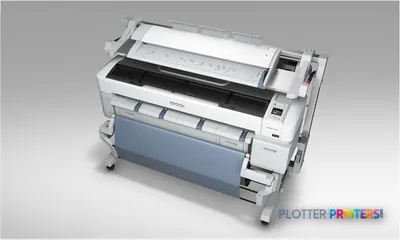 Epson SureColor T7270 large format printer product image showing white inkjet printer with open top cover and paper roll feed