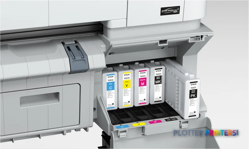 Epson SureColor T7270 product image showing open ink cartridge bay with colored ink bottles and slots