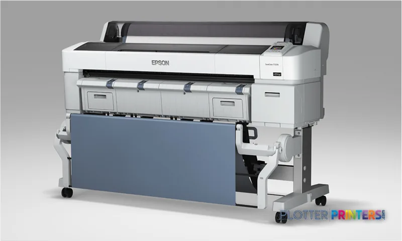 Epson SureColor T7270 large-format inkjet printer product image, white with gray accents and blue catch tray