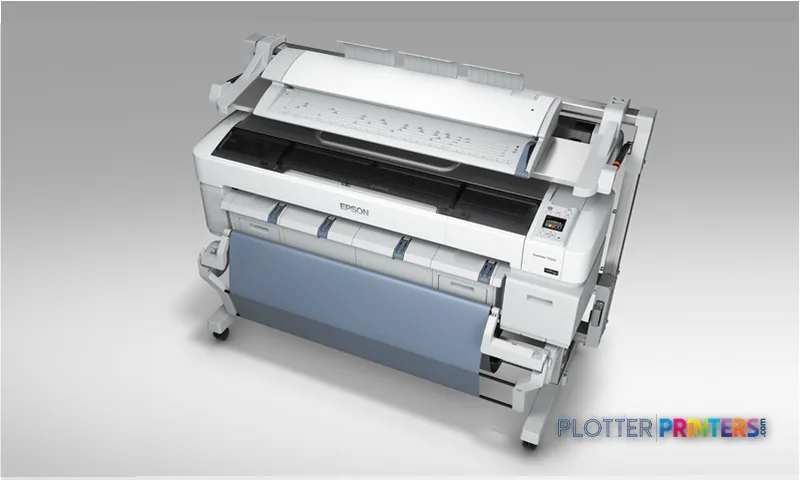 Epson SureColor T7270 large format printer product image showing white inkjet printer with open top cover and paper roll feed