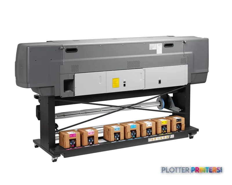HP Latex 370 large-format printer product image showing grey printer mounted on black stand with ink cartridges