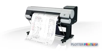 Canon imagePROGRAF iPF830 large-format printer product image showing black and grey inkjet printer with architectural bluepr…