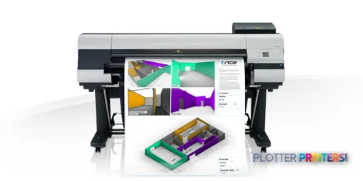 Canon imagePROGRAF iPF830 large format printer product image showing the device with sample color prints