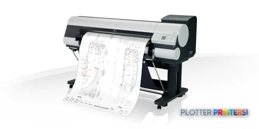 Canon imagePROGRAF iPF830 large-format printer product image showing black and grey inkjet printer with architectural bluepr…