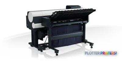 Canon imagePROGRAF iPF850 large format inkjet printer product image showing front view with open top cover and paper roll lo…