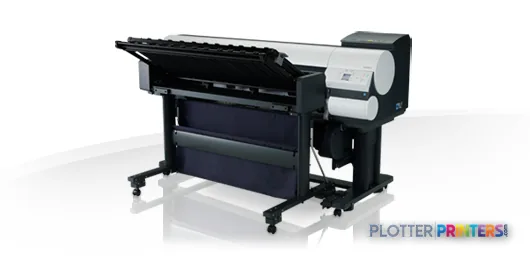 Canon imagePROGRAF iPF850 large format printer product image showing black and grey inkjet printer with open paper tray