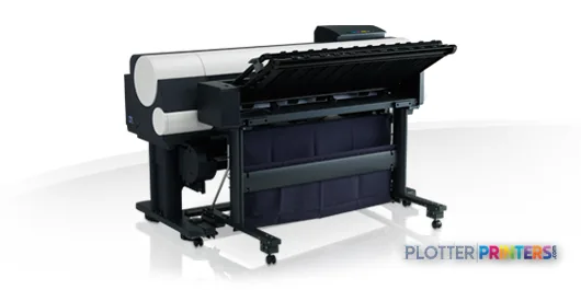 Canon imagePROGRAF iPF850 large format inkjet printer product image showing front view with open top cover and paper roll lo…