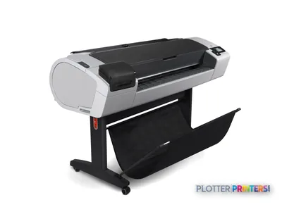 HP Designjet T795 large-format printer product image showing grey and black printer on stand with open output tray