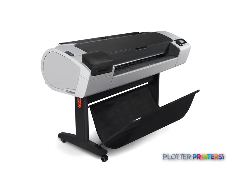 HP Designjet T795 large-format printer product image showing grey and black printer on stand with open output tray