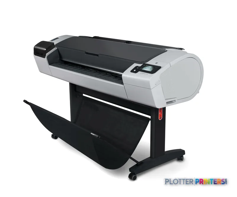 HP Designjet T795 large-format printer product image showing white and black printer on stand with open output tray