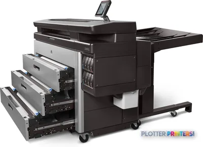 HP PageWide XL 8000 large format printer product image showing black and white inkjet device with open paper trays and contr…