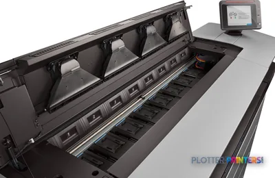 HP PageWide XL 8000 product image showing open ink cartridge bay with multiple cartridges and control panel