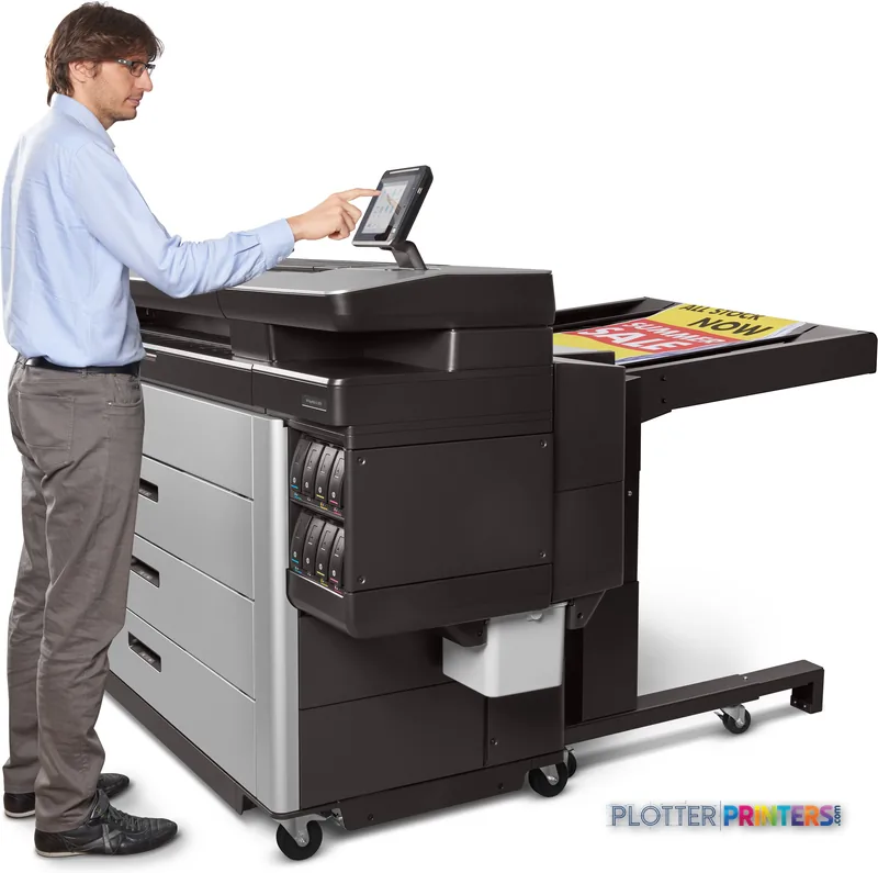 HP PageWide XL 8000 lifestyle image showing a man operating the printer via touchscreen with colorful printed output on the…