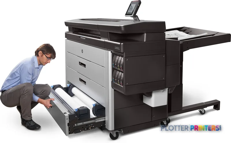 HP PageWide XL 8000 lifestyle image showing operator loading large format paper into the front tray