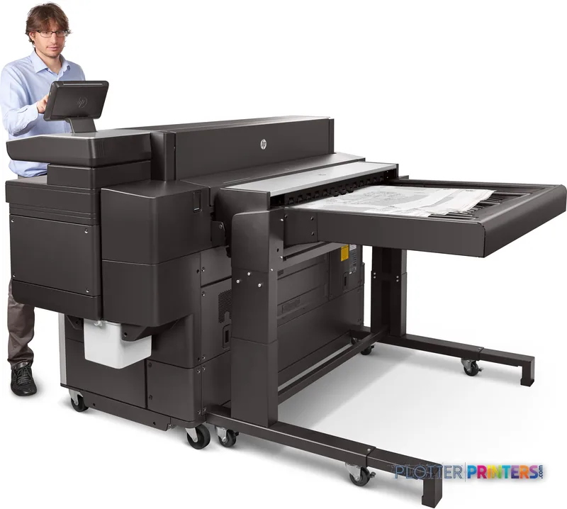 HP PageWide XL 8000 lifestyle image showing man operating the black large-format printer with output tray extended