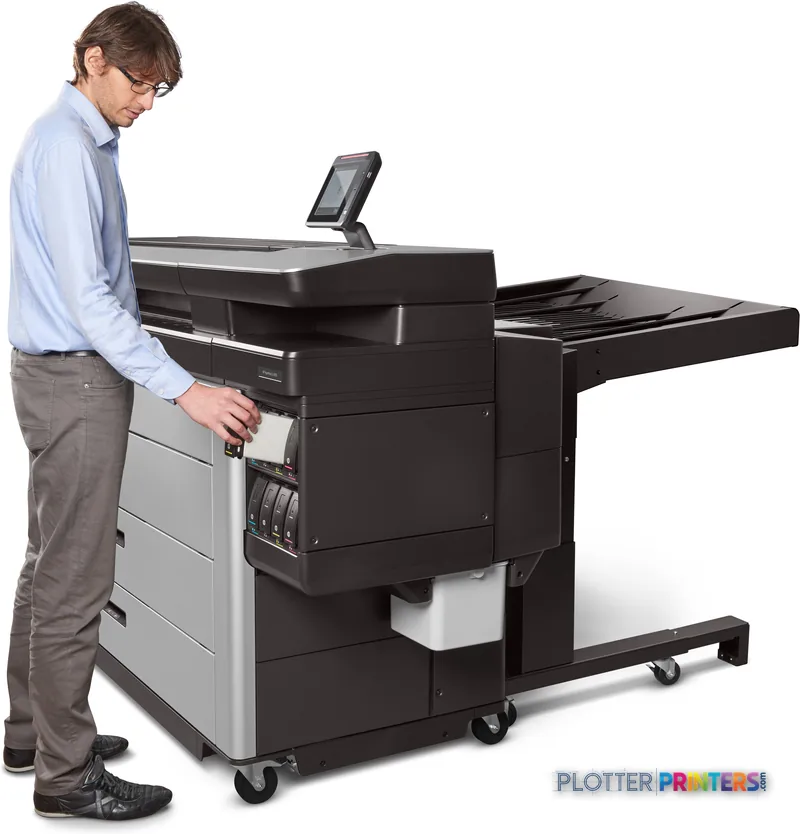 HP PageWide XL 8000 lifestyle image showing a man operating the large-format printer with output tray extended